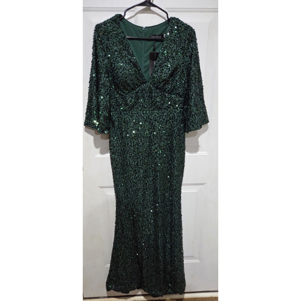 Giffniseti Dark Green Sequin 3/4 Sleeve Formal Evening Gown Dress Women M -NWT